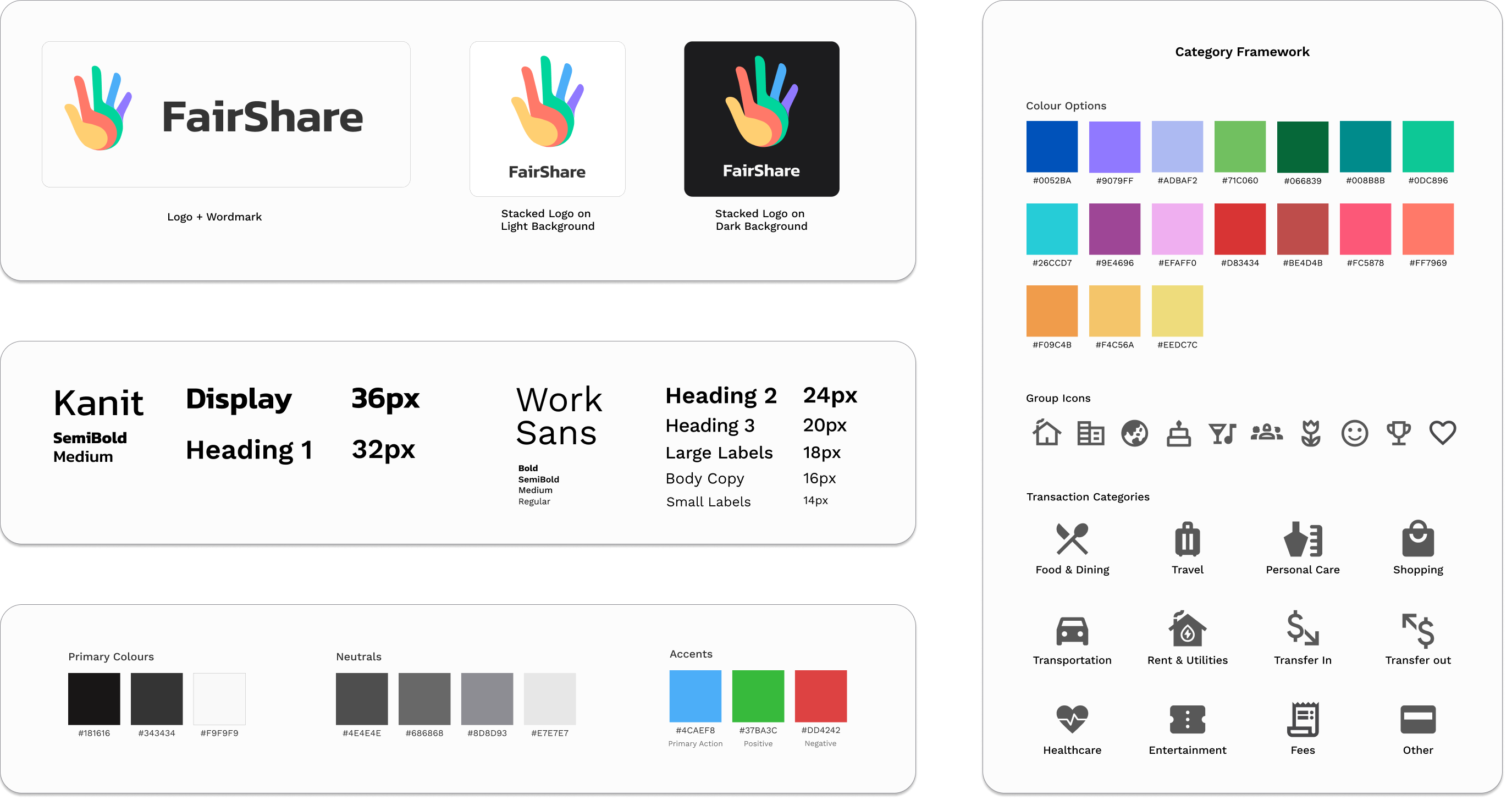 Visual design system showing FairShare’s logo usage, typographic hierarchy, and core colour palette as well as colour and iconography for the category system.