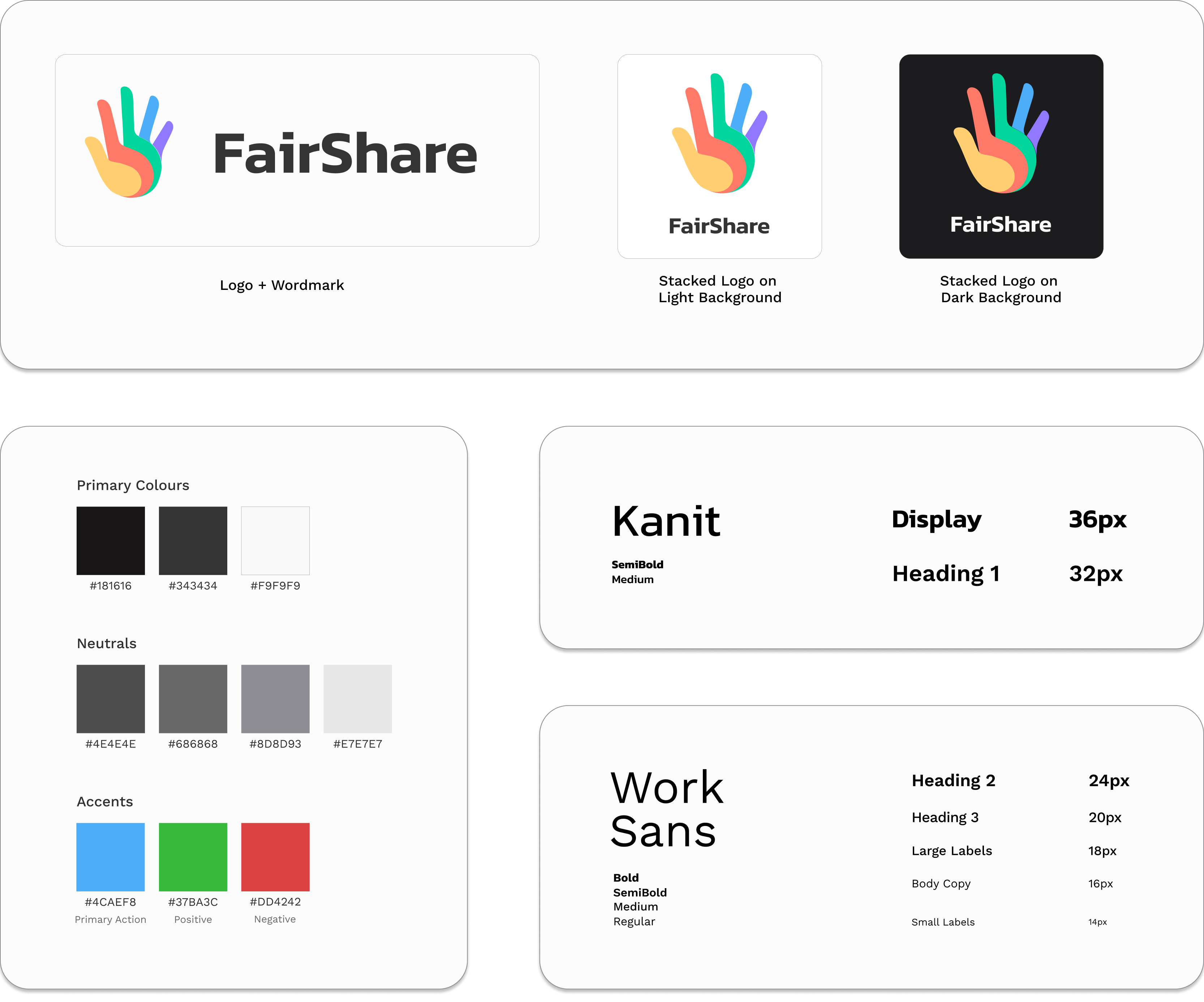 Visual design foundations showing FairShare’s logo usage, typographic hierarchy, and core colour palette.