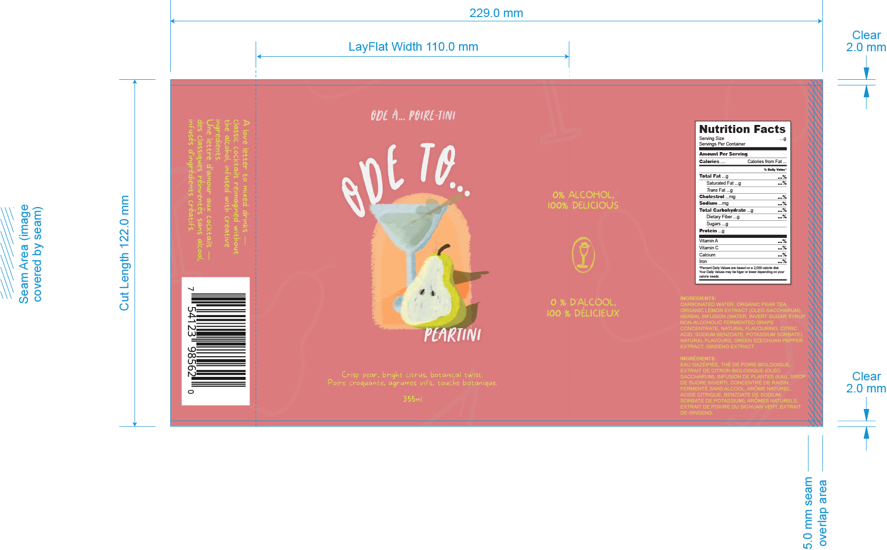 Flat layout of the Ode To Pear-tini can label design, showing front and back artwork, typography, and product information.