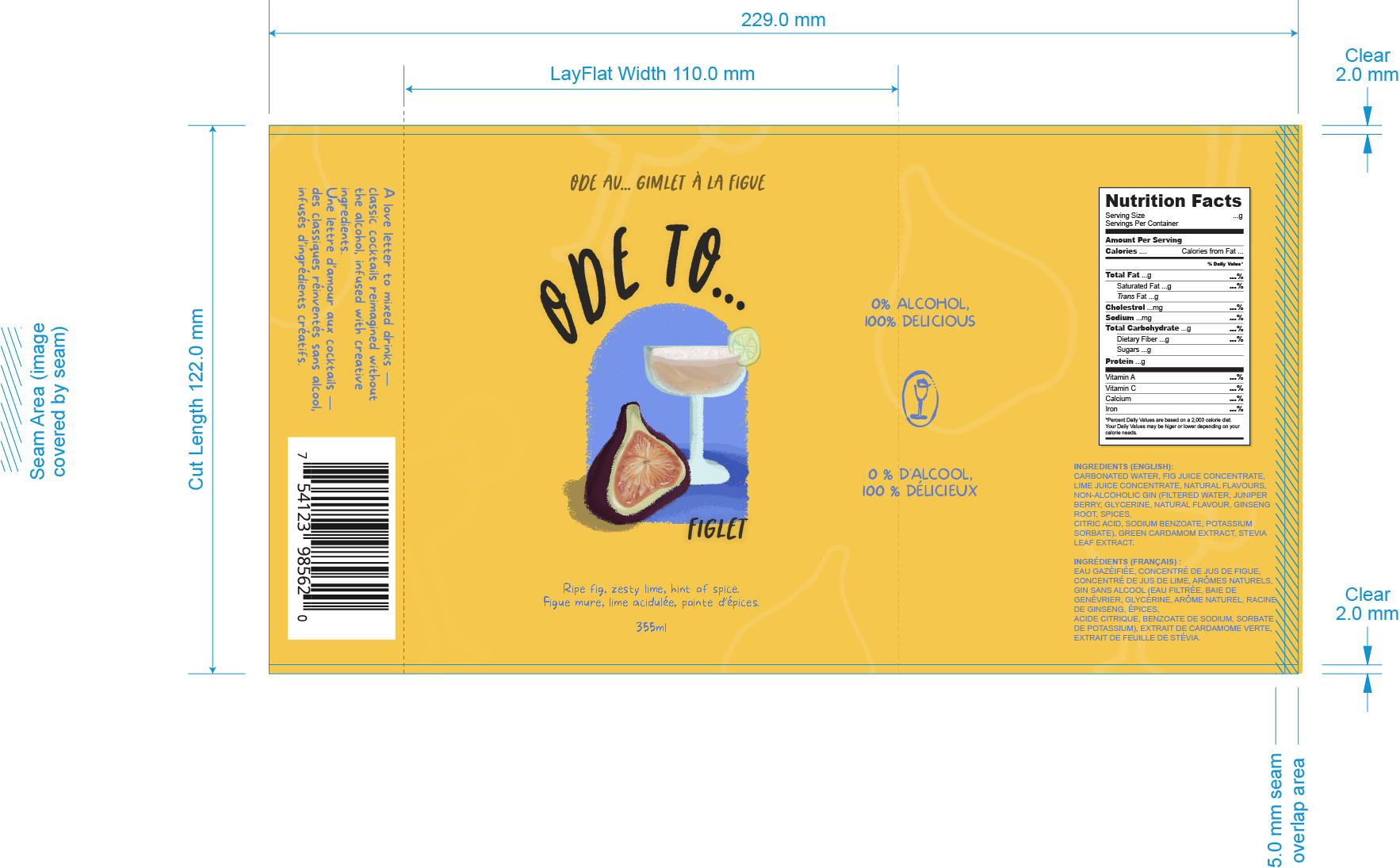 Flat layout of the Ode To Figlet can label design, including illustrated front label, ingredients, and nutritional information.