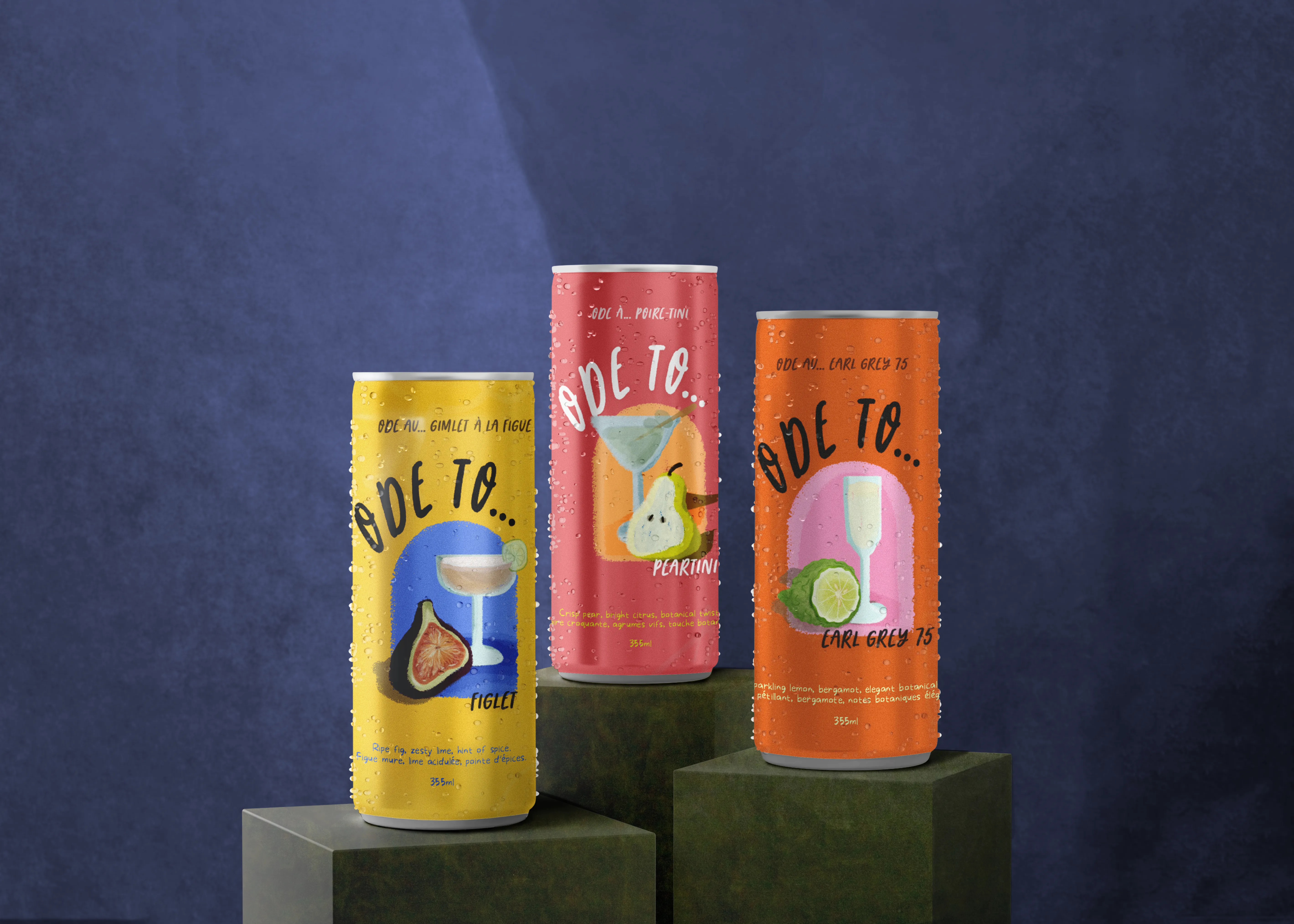 Three Ode To non-alcoholic cocktail cans displayed on podium blocks against a textured blue background.