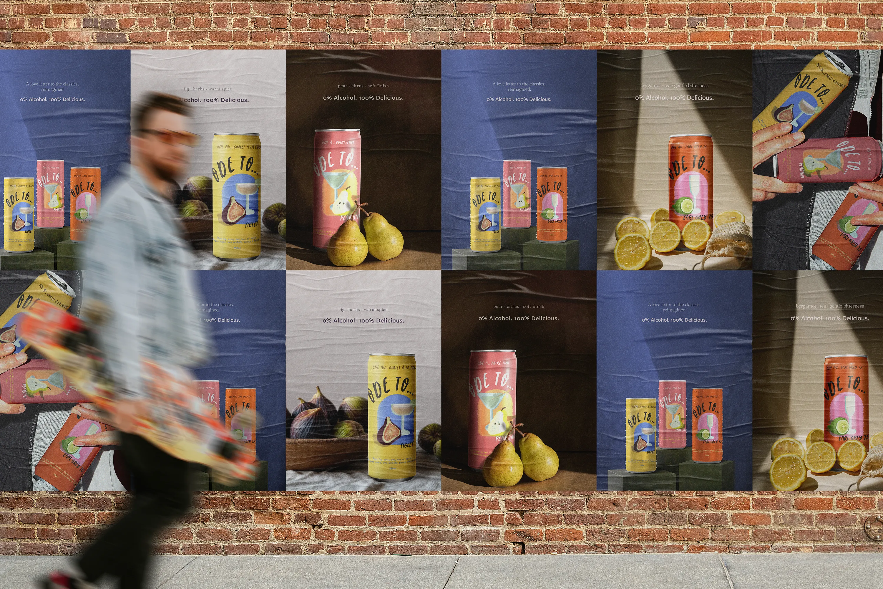 Lifestyle scene showing multiple Ode To non-alcoholic cocktail posters against a wall, styled as a brand display.