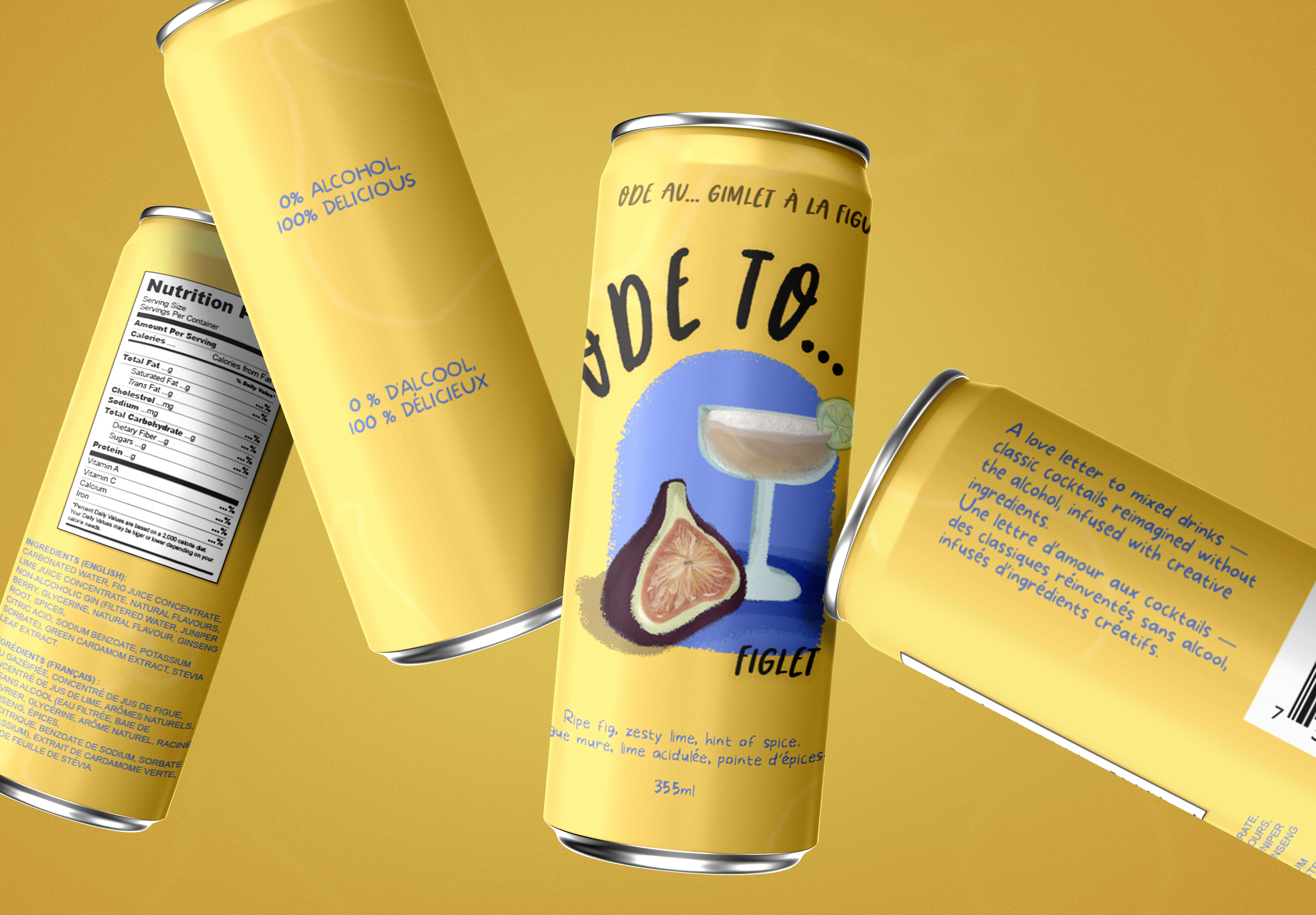 Floating mockup of the Ode To Figlet non-alcoholic cocktail can on a yellow background, displaying front, back, and side label views.
