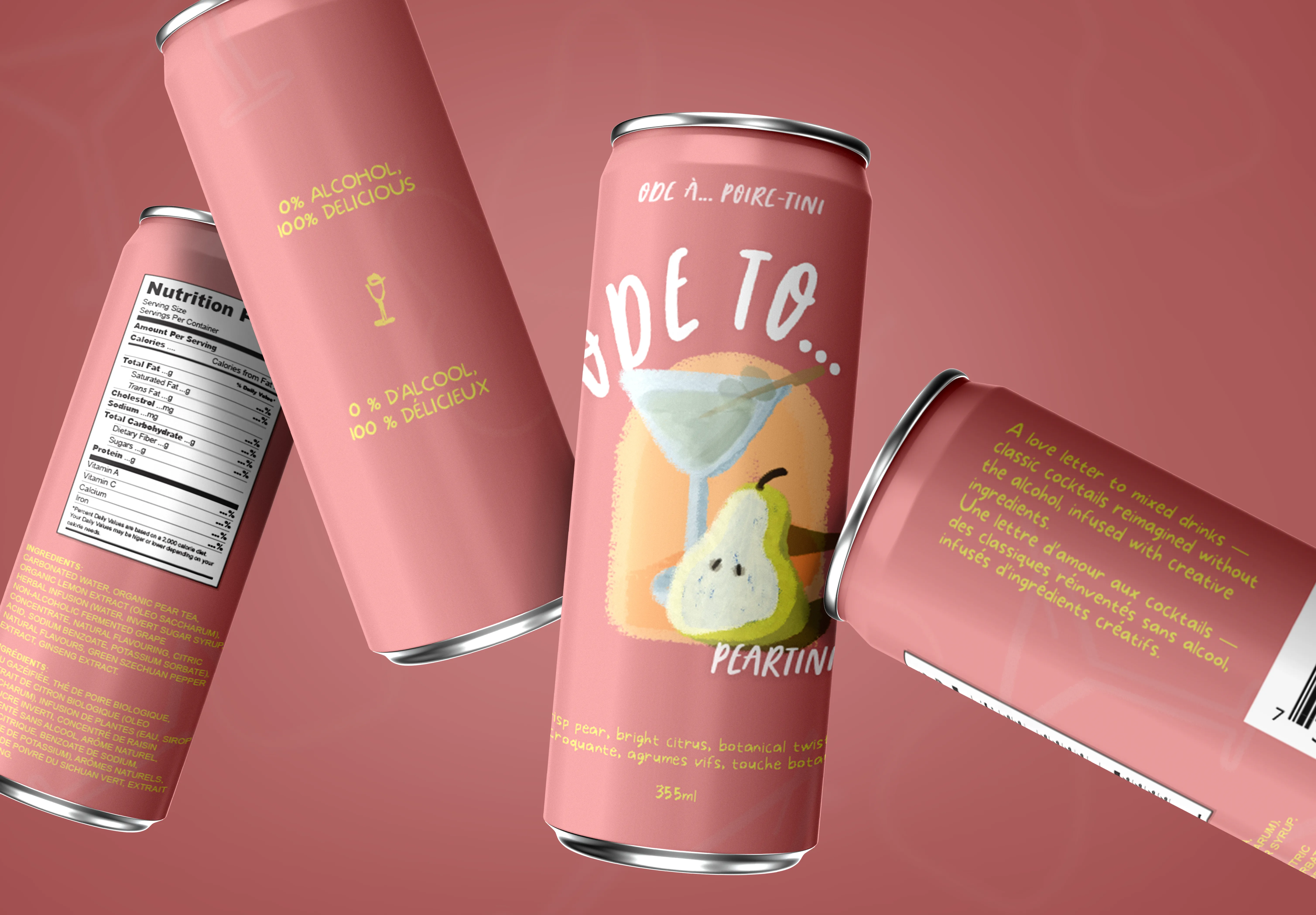 Floating mockup of the Ode To Pear-tini non-alcoholic cocktail can on a soft pink background, highlighting the illustrated front label and typography.