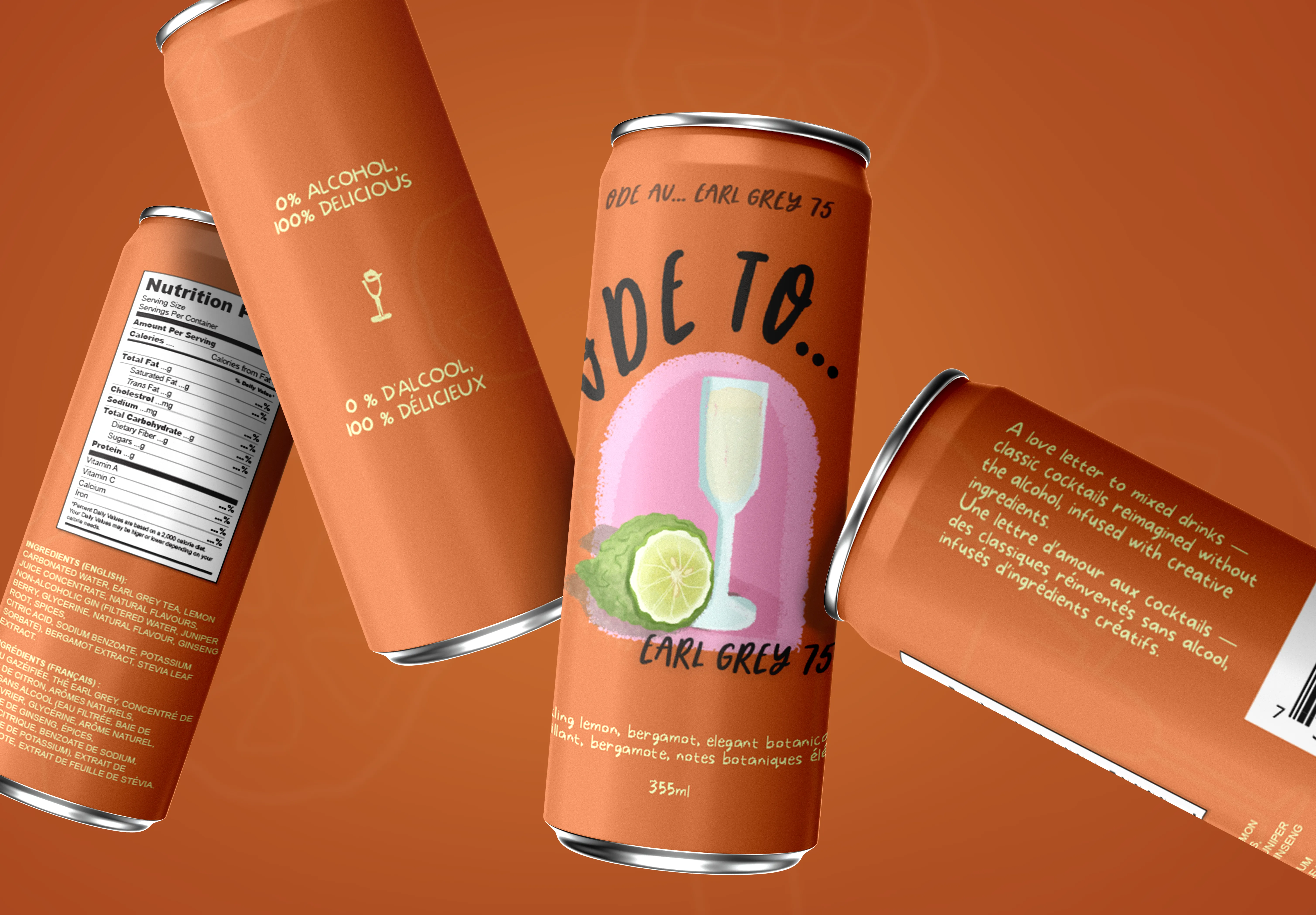 Floating mockup of the Ode To Earl Grey 75 non-alcoholic cocktail can on a warm orange background, showing front and side label details.