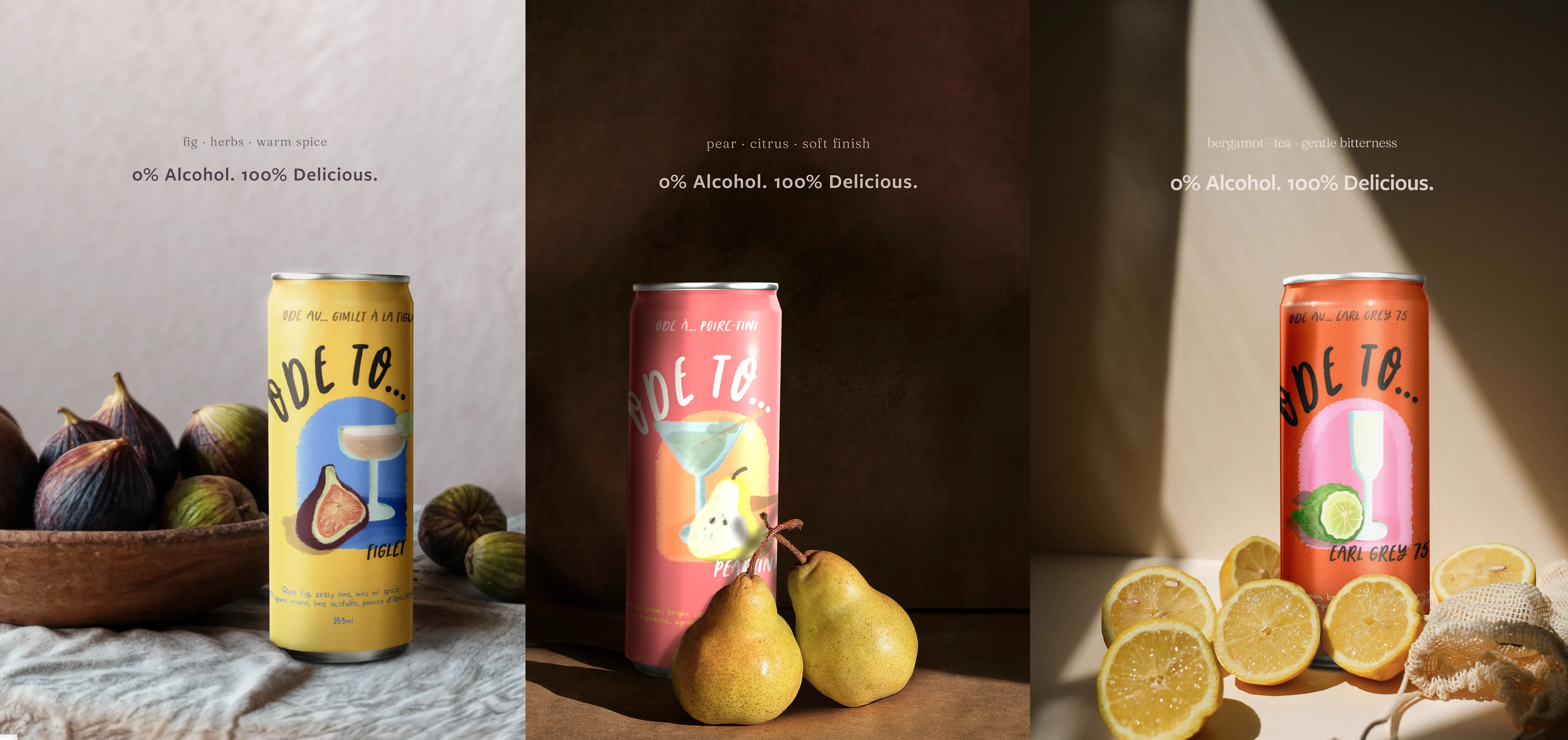 Three poster mockups displaying Ode To non-alcoholic cocktail cans for Figlet, Pear-tini, and Earl Grey 75, each styled with corresponding fresh ingredients and soft directional lighting, with the text “0% Alcohol. 100% Delicious.”