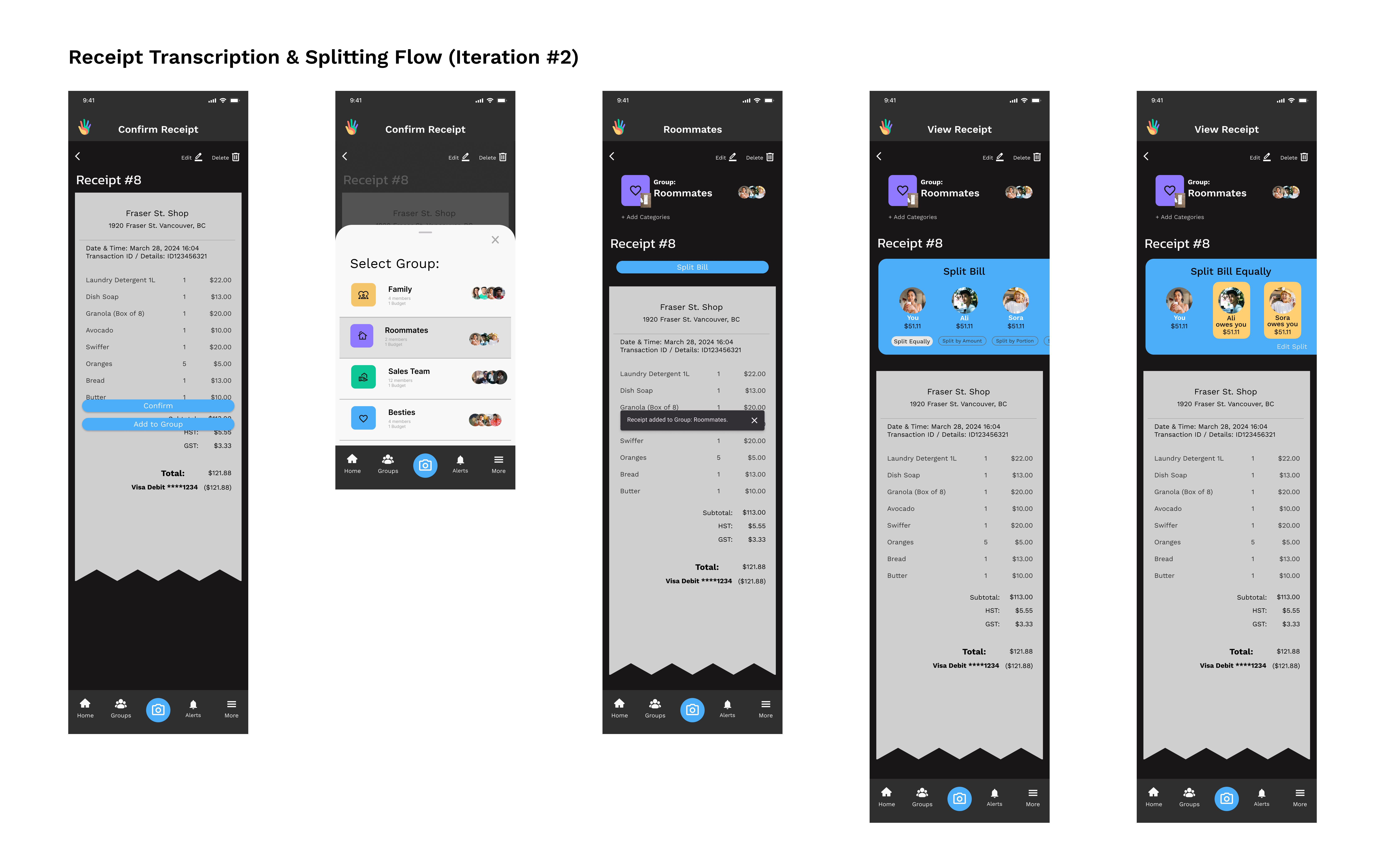 FairShare's earlier iteration of the receipt transcription and bill splitting flow.