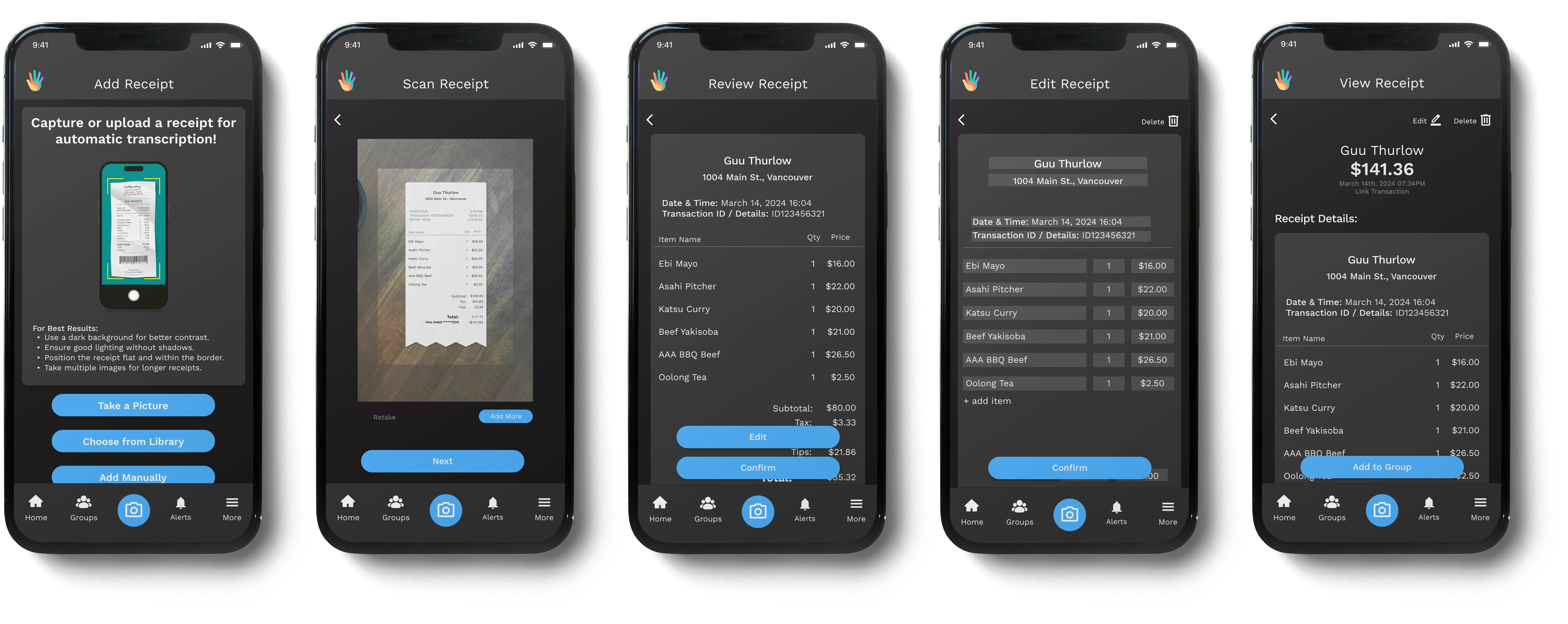 Step-by-step receipt scanning flow showing capture, automatic transcription, review, and editable receipt details before confirmation.