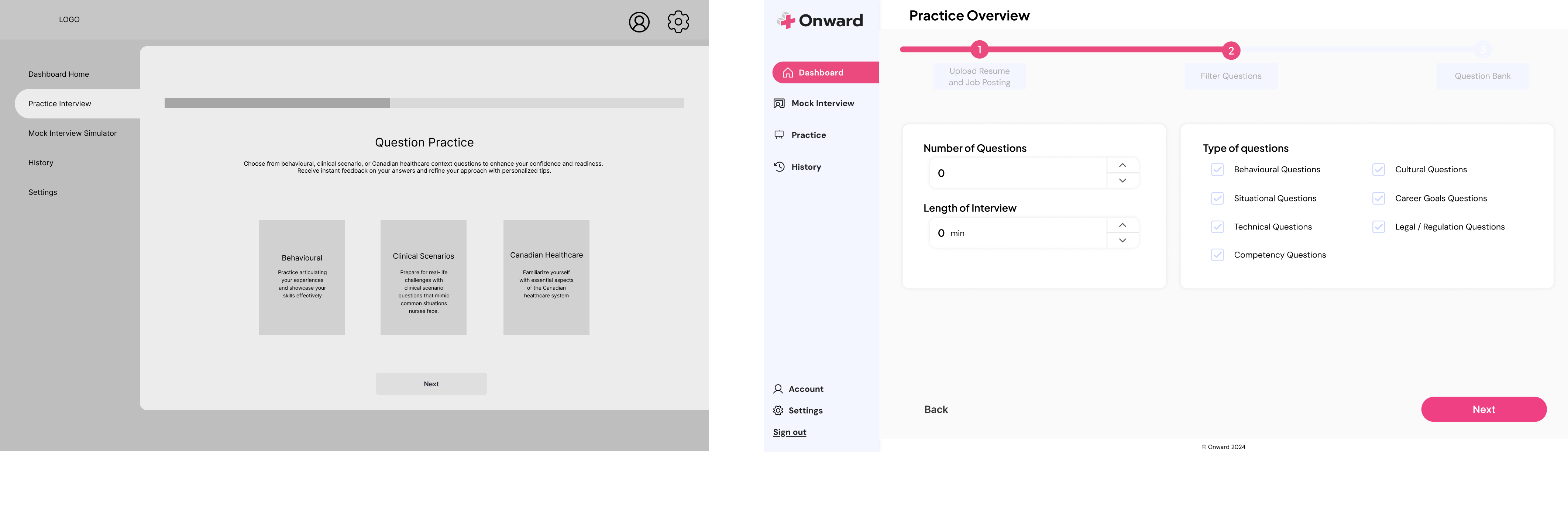 Two interview practice interface screens: left shows Question Practice selection with Behavioural, Clinical Scenarios, and Canadian Healthcare options; right shows Practice Overview with customizable number and types of interview questions and length settings.