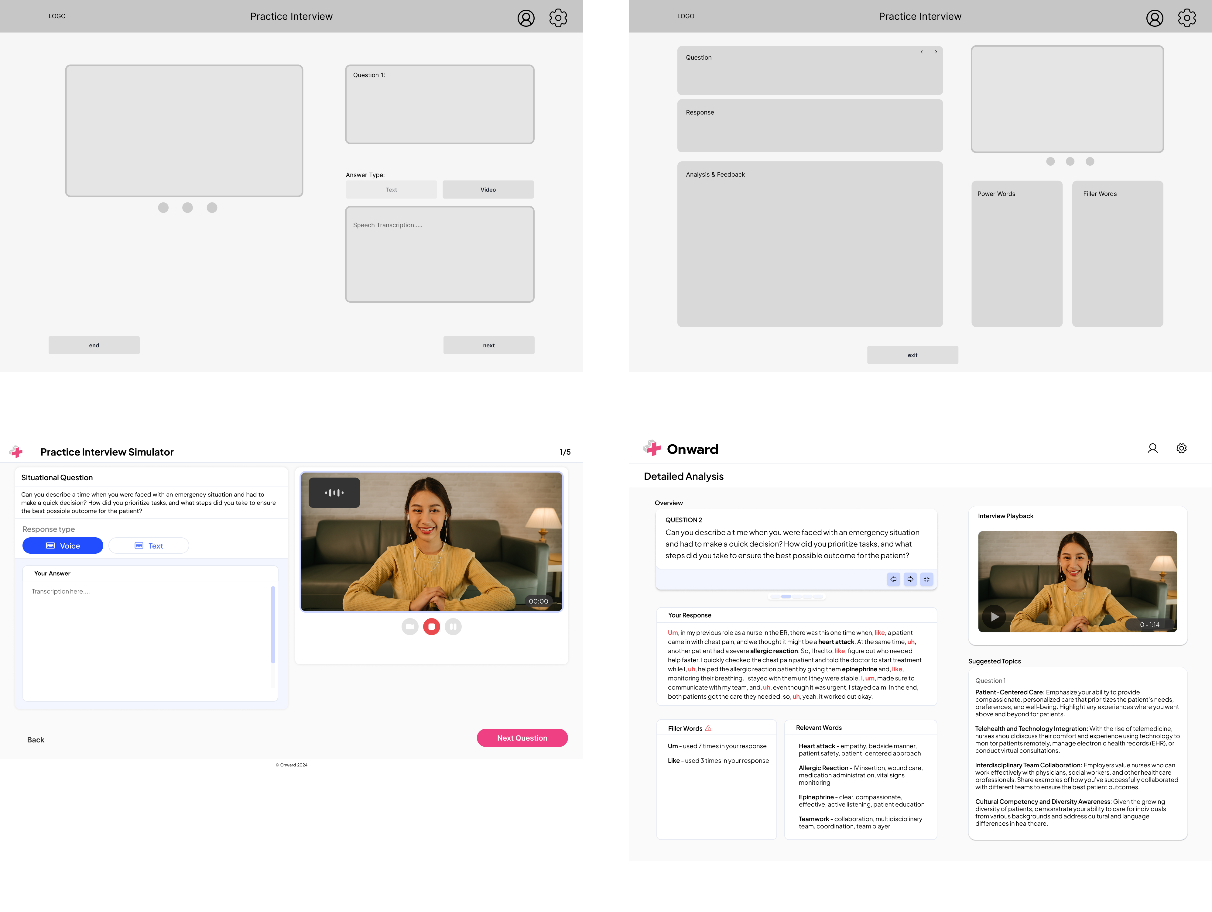 Interface screenshots of a practice interview simulator including situational questions, video response recording, transcription, detailed analysis with feedback, filler and power words, and suggested topics.