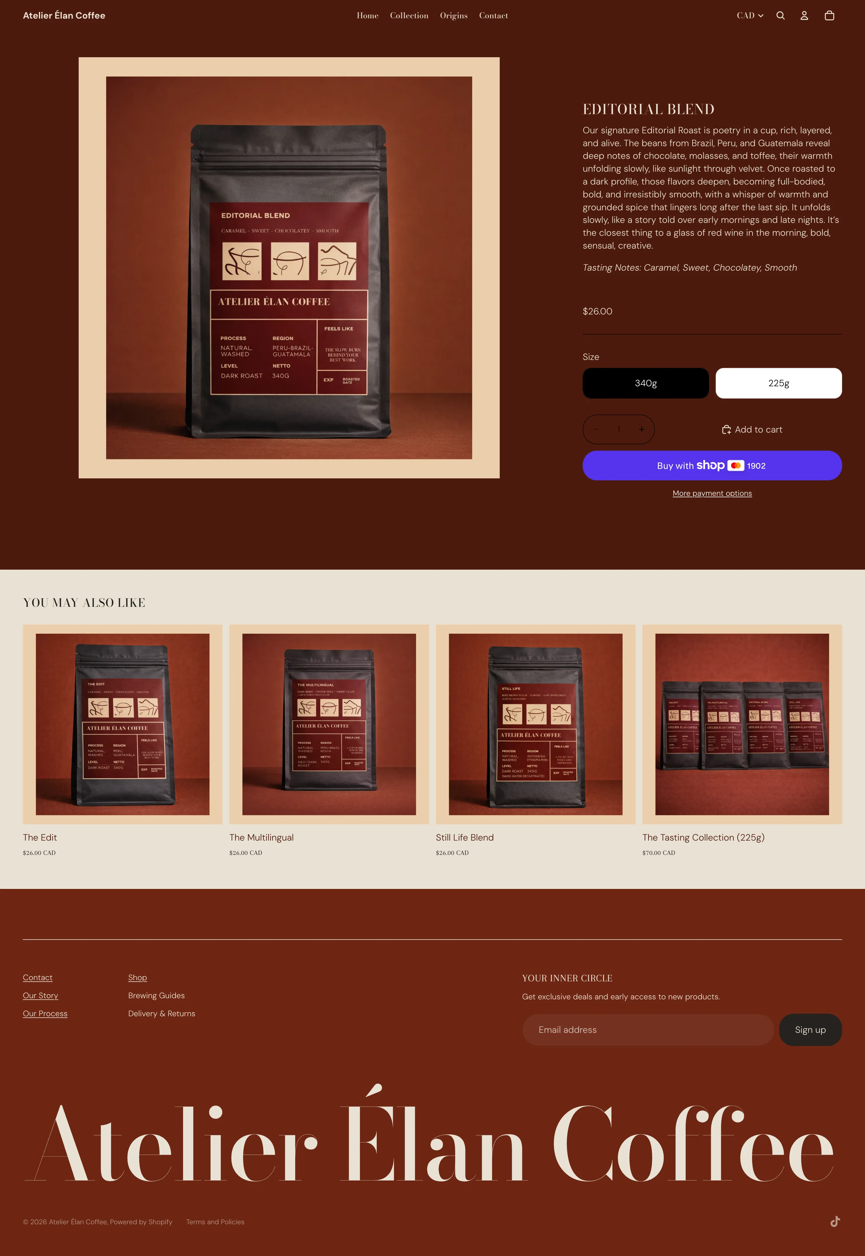 Atelier Élan Coffee product detail page for the Editorial Blend showing framed product photography, tasting notes, and add to cart functionality