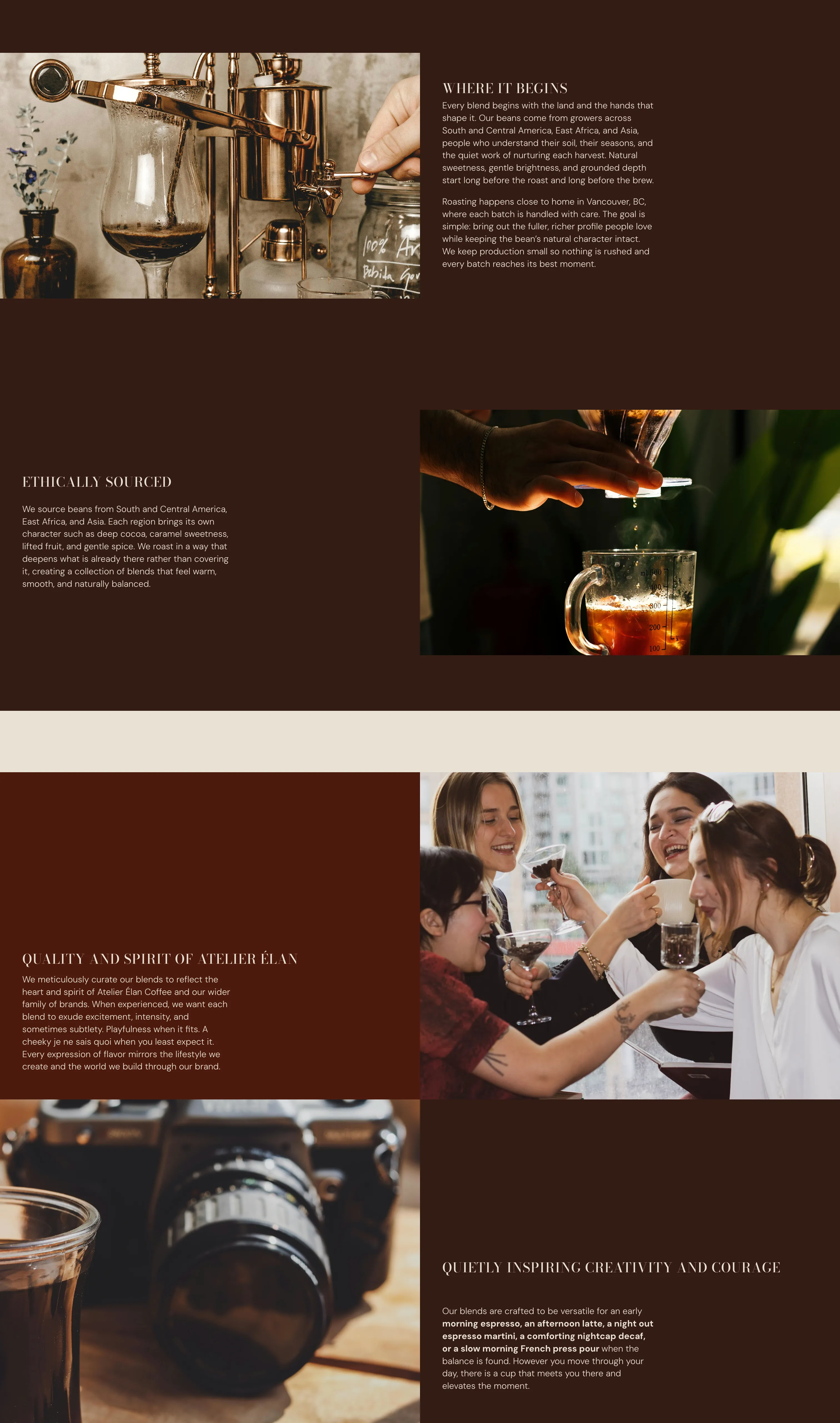 Atelier Élan Coffee Origins page showing "Where It Begins" sourcing story with coffee photography