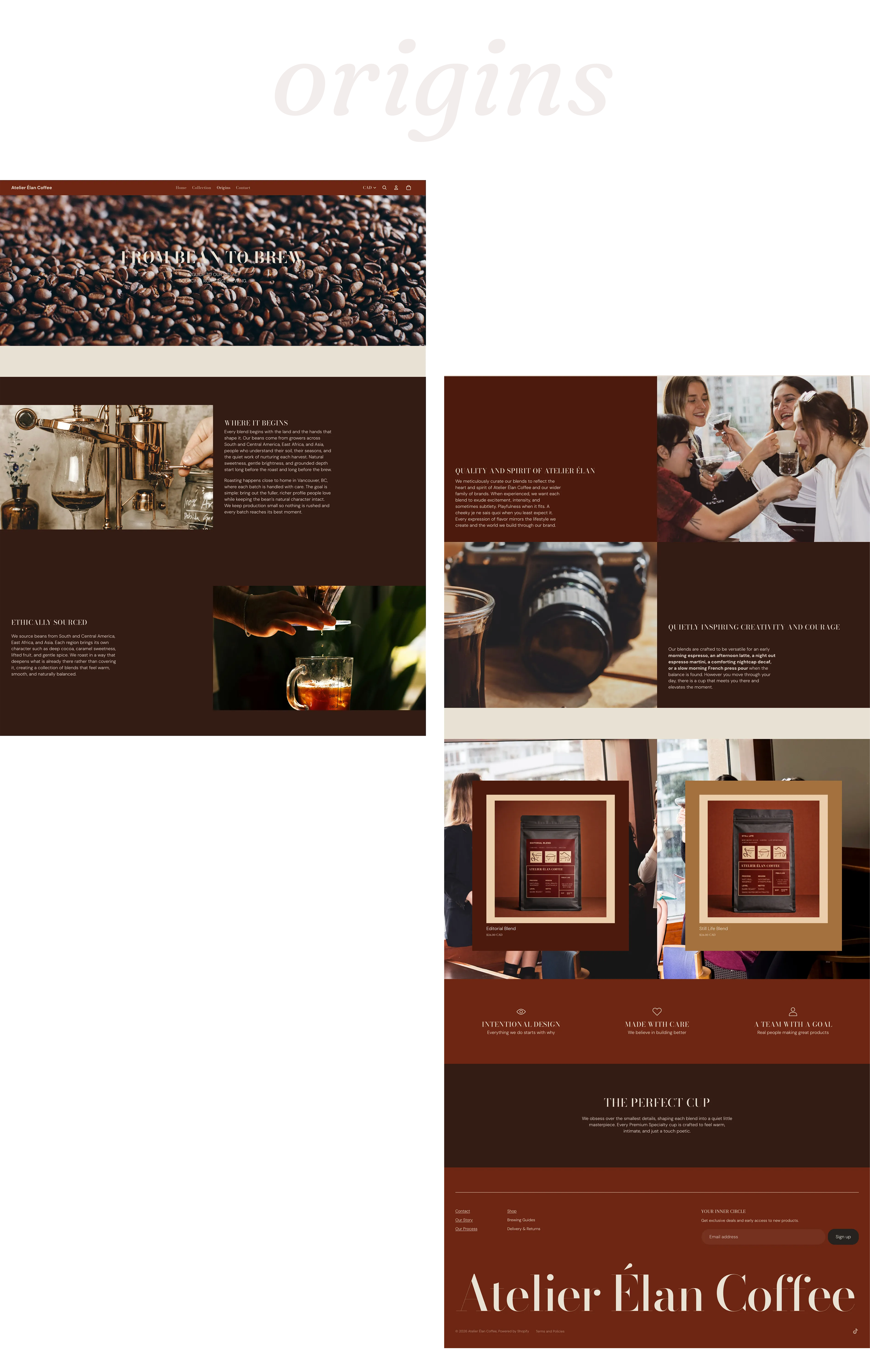 Origins page of the Atelier Élan Coffee website describing sourcing, brewing philosophy, and the creative culture behind the brand.