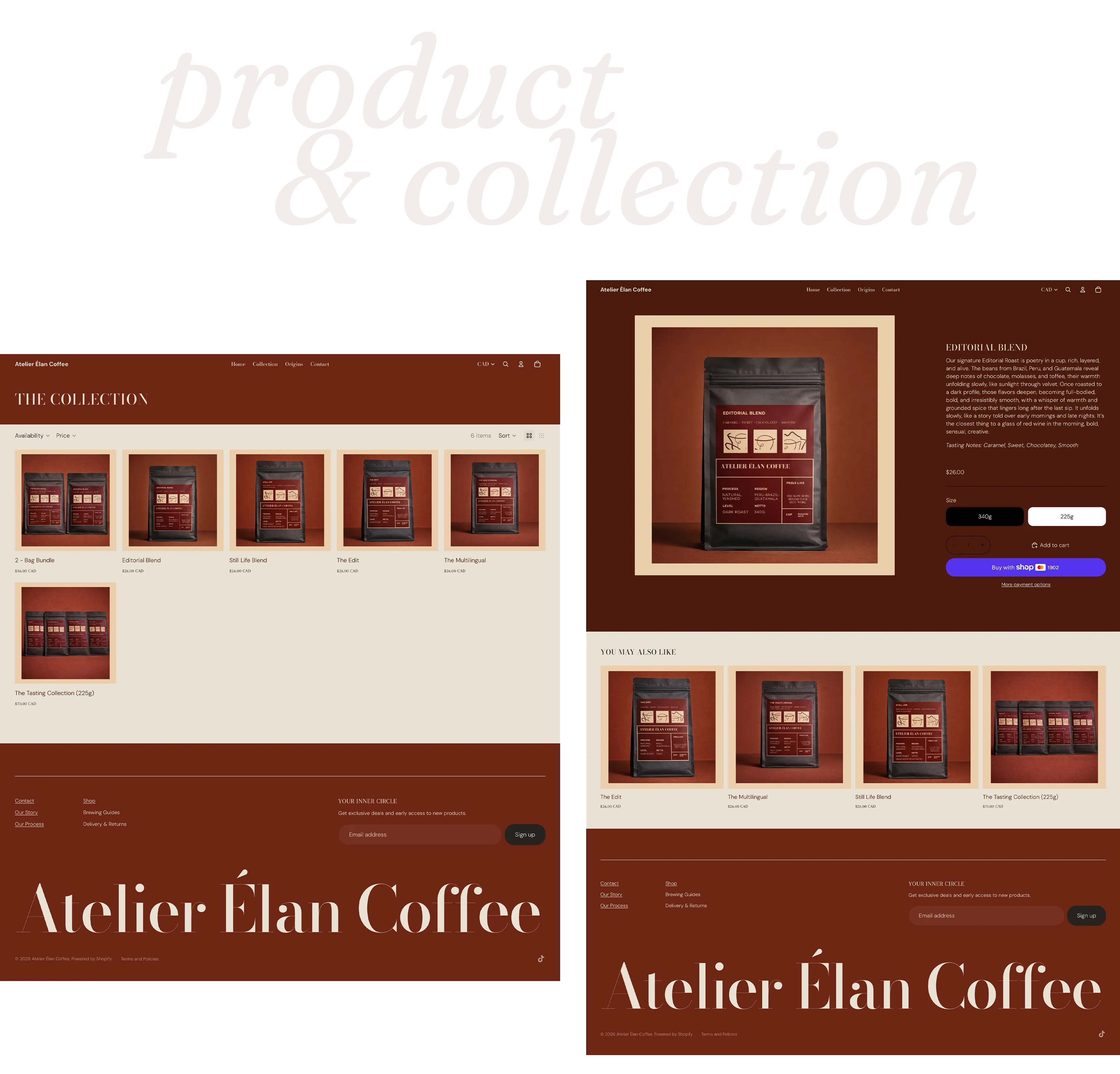 Collection page displaying multiple coffee blends in a product grid layout and product detail page for Editorial Blend featuring product photography, tasting notes, and purchase options.