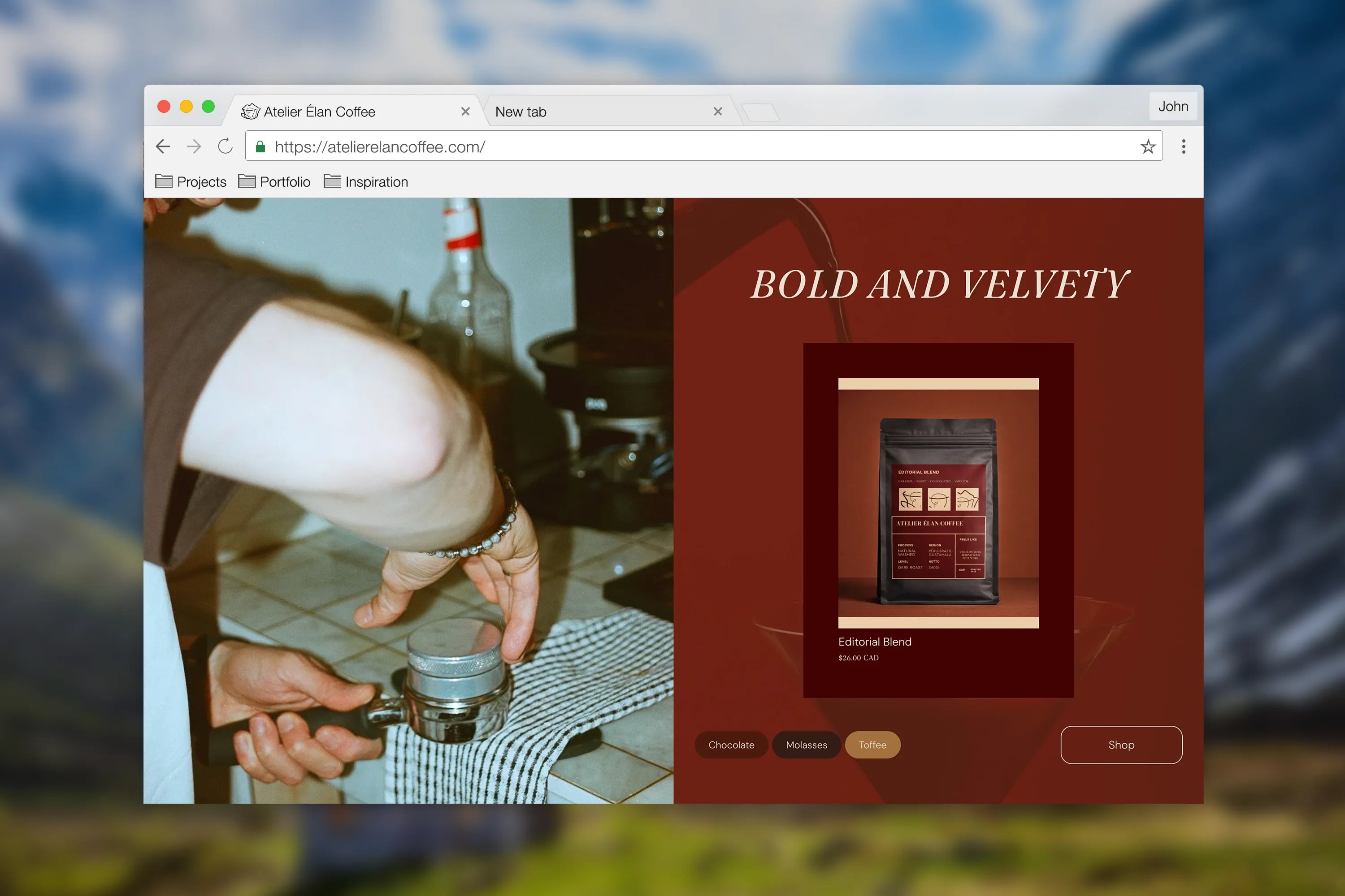 Browser mockup showing the Atelier Élan Coffee website highlighting the Editorial Blend product with flavour notes and shop call to action.