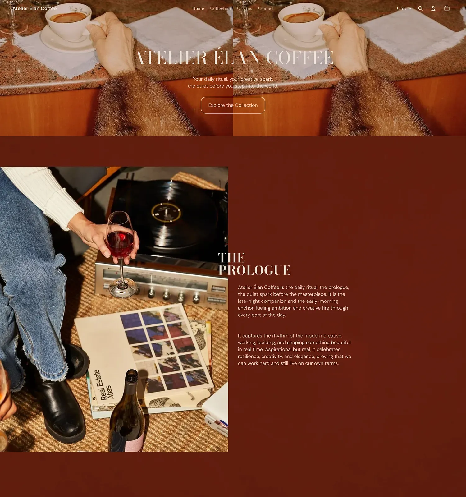 Atelier Élan Coffee homepage hero showing layered coffee imagery and the Prologue brand story section on a deep burgundy background