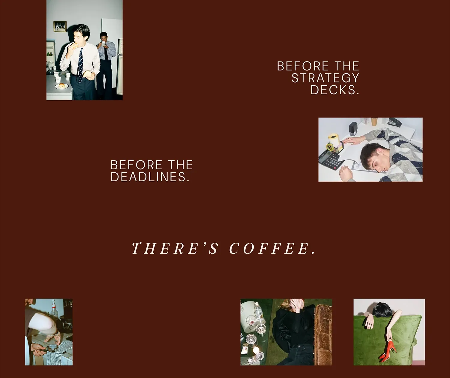 Atelier Élan Coffee homepage brand interlude showing typographic callouts and collage photography including Before the Deadlines and There's Coffee sections.