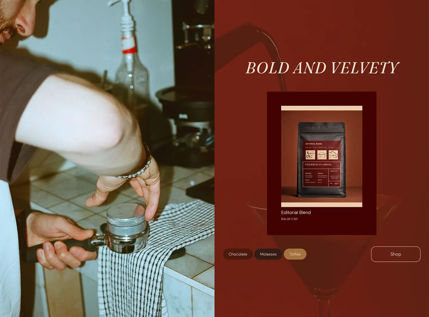 Atelier Élan Coffee homepage product spotlight showing the BOLD AND VELVETY Editorial Blend feature with barista photography and product card.