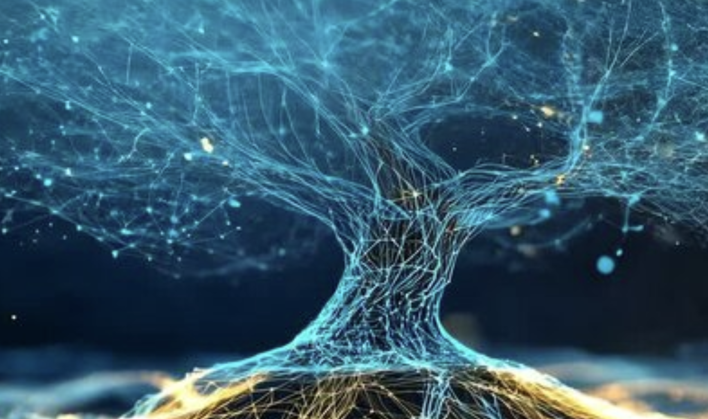 A majestic tree rises in a data forest.