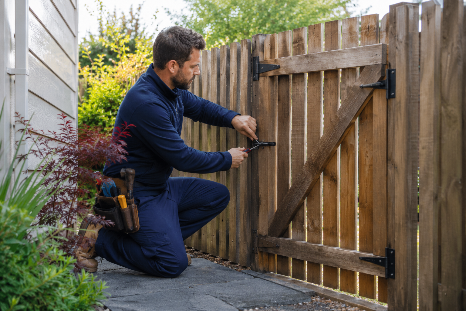 Handyman repairing a timber side gate and latch in Hobart