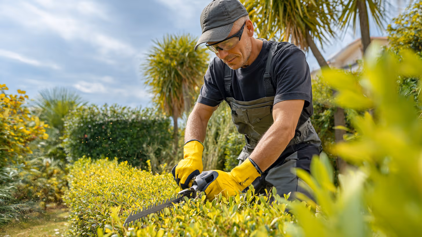 Gardener wearing gloves and safety glasses using hedge shears to trim a lush green shrub in a sunny yard bordered by palm trees.
