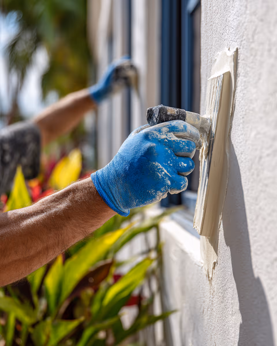Close-up of a gloved worker smoothing exterior stucco around a newly installed window frame on a white wall, with green foliage in the background.