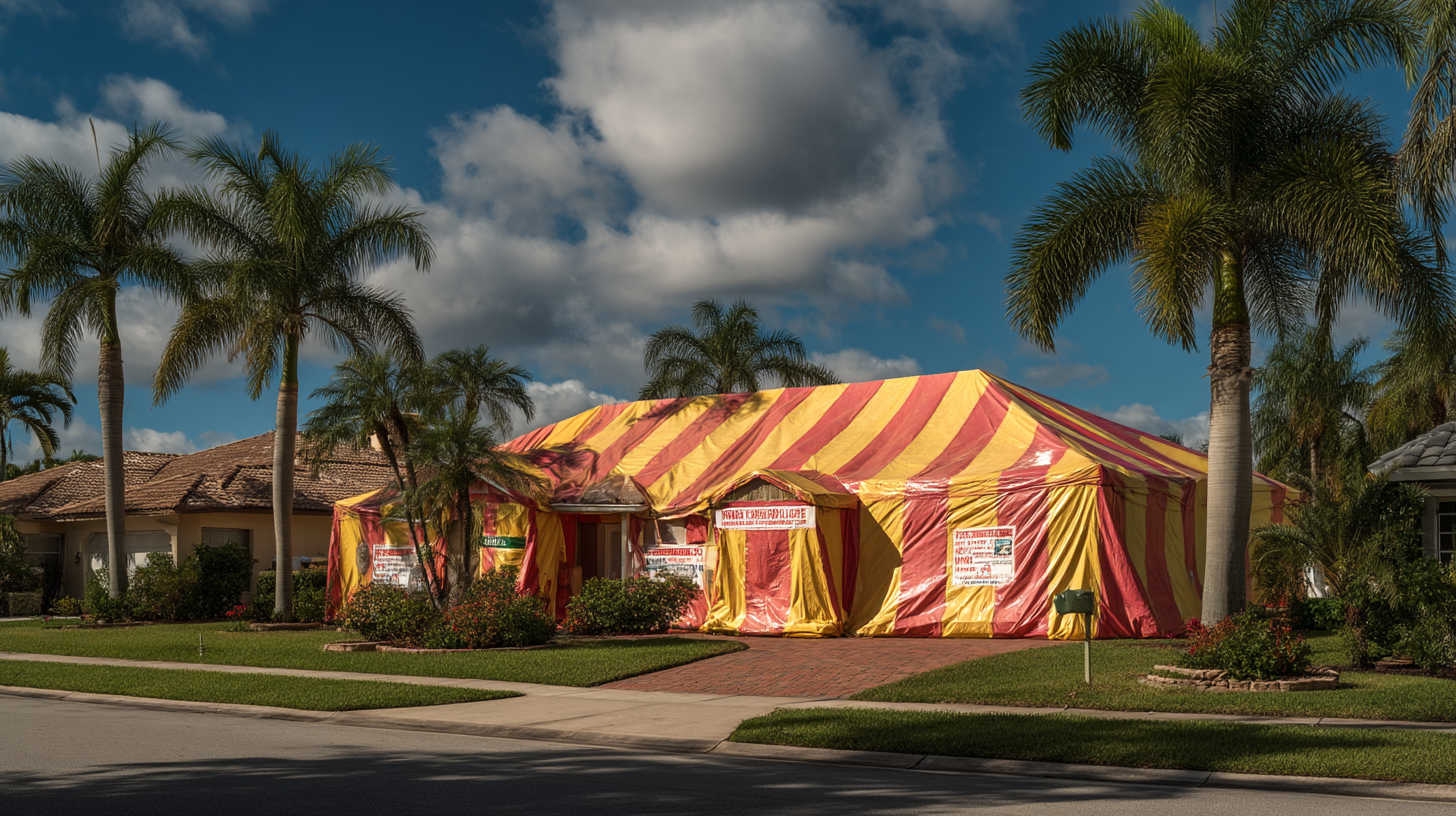 Brightly striped tent covering a suburban home for tent fumigation, with palm trees and blue sky overhead.