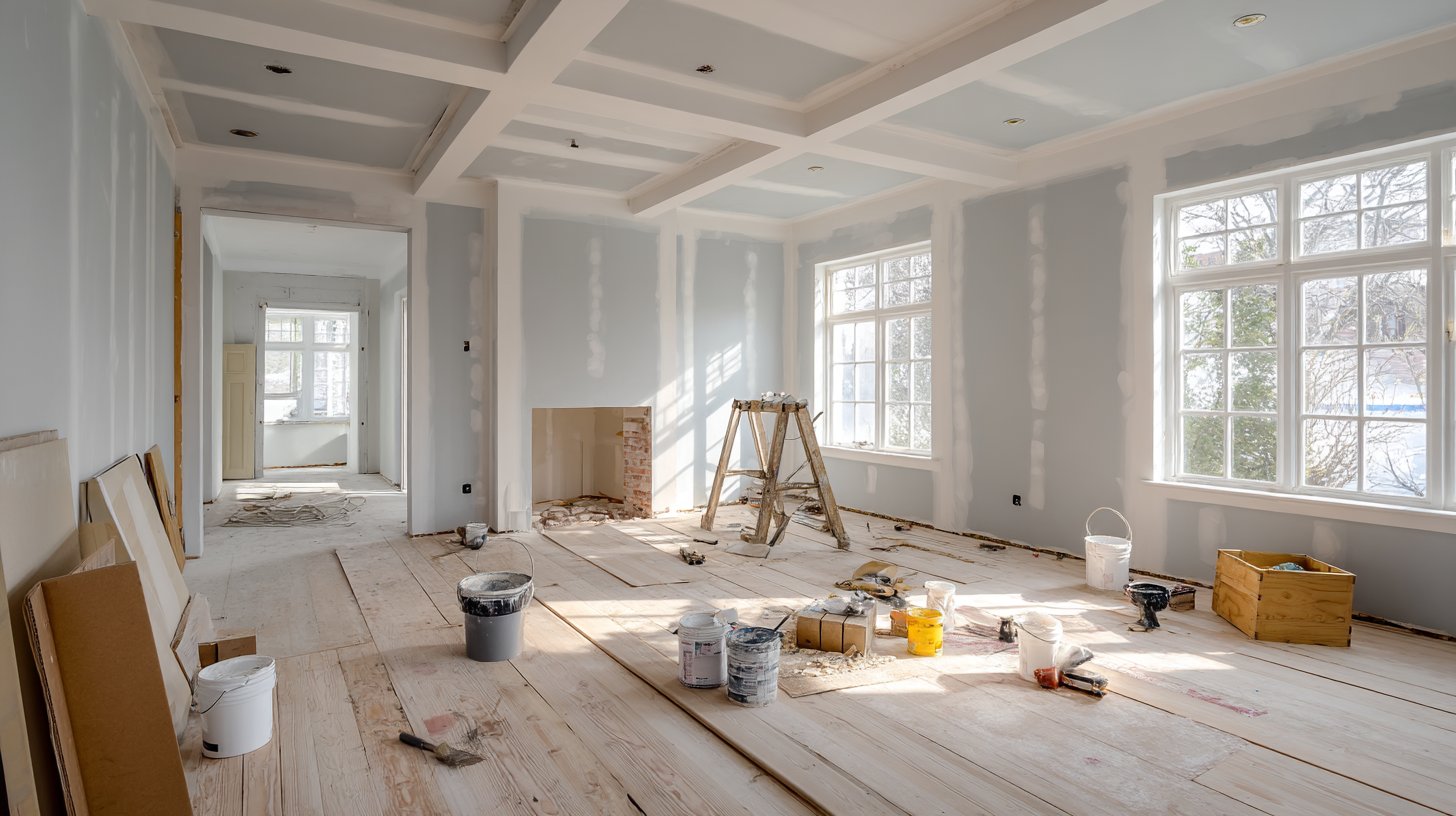 Spacious living room under renovation, with freshly installed drywall, painting supplies, and exposed wood floors awaiting finishing.