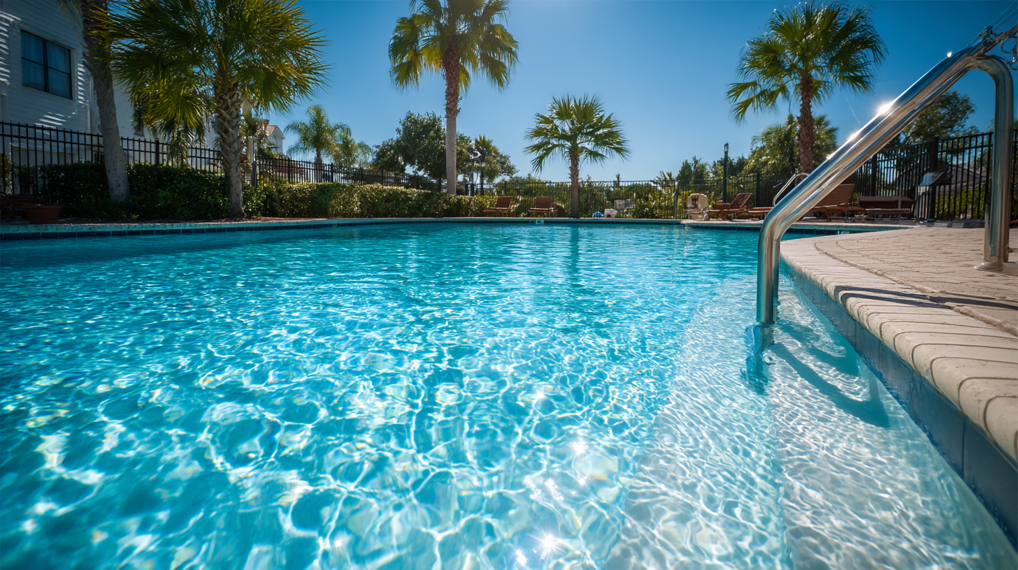 Crystal-clear swimming pool bordered by a tiled deck with metal handrail, palm trees and lounge chairs visible in a sunlit backyard.