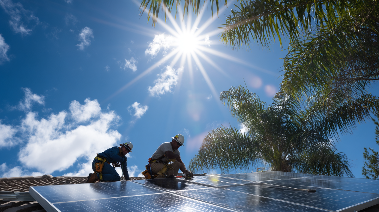 Two technicians wearing safety gear installing solar panels on a residential roof under a bright sun, with a palm tree and blue sky in the background.