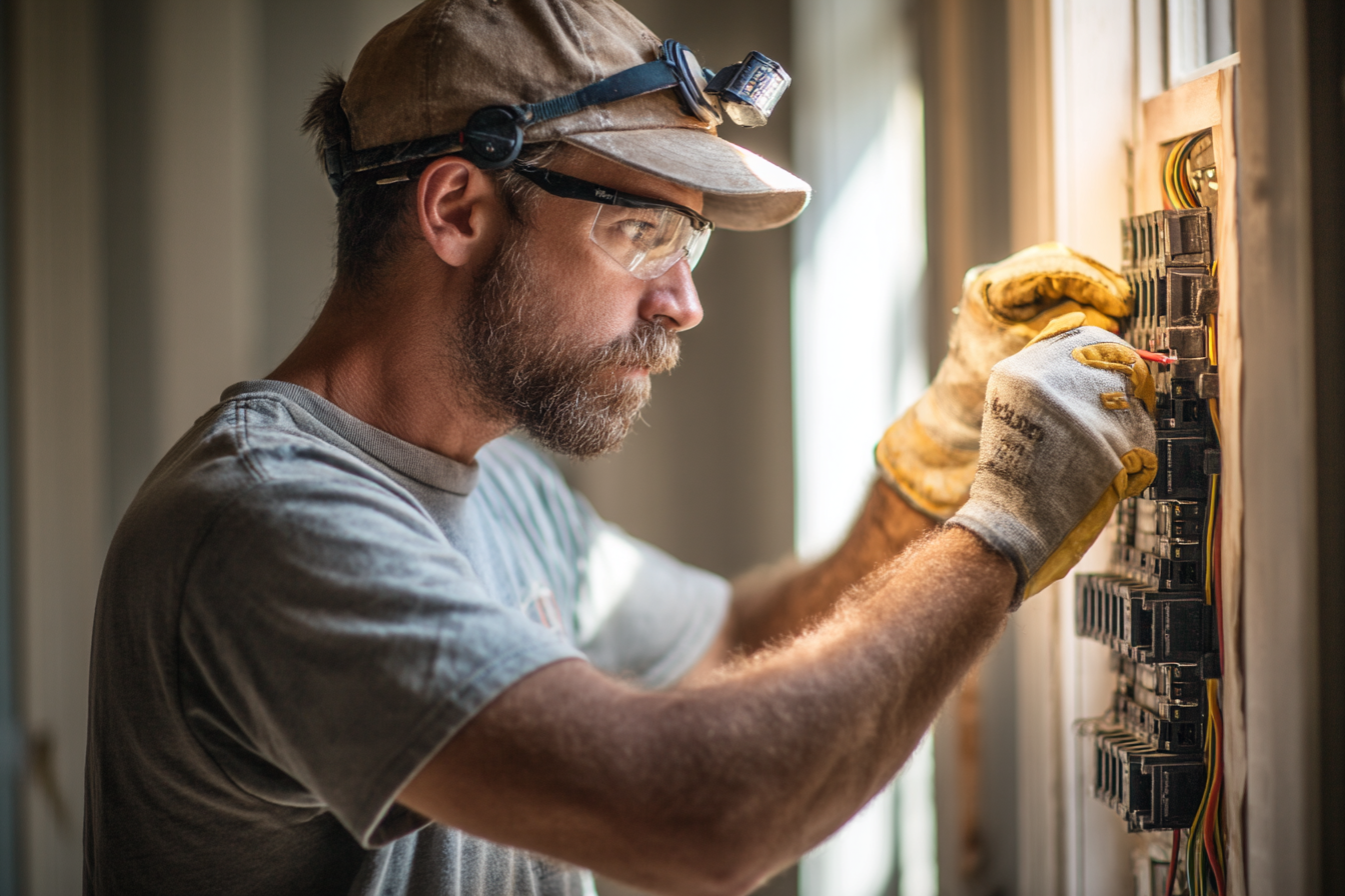 Electrician in safety glasses and gloves working on a residential breaker panel, using a screwdriver to secure wiring inside the wall.