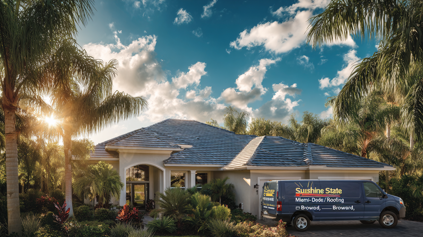 Modern house with a tiled roof surrounded by palm trees and a blue roofing service van parked in the driveway under a partly cloudy sky.