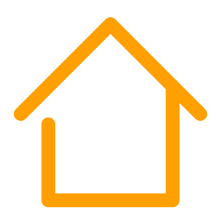 Minimalistic orange outline of a house with a triangular roof on a transparent background.