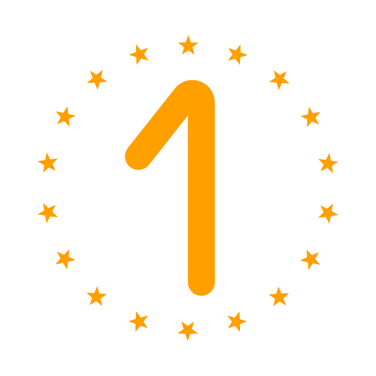 Orange number 1 surrounded by a circle of 20 orange stars on a black background.