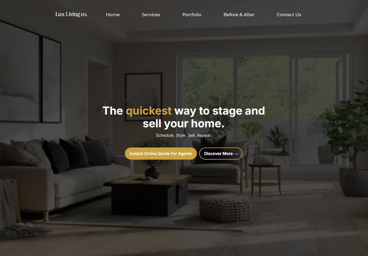 Homepage hero section of Lux Living Co. website showing a staged living room with the headline “The quickest way to stage and sell your home.