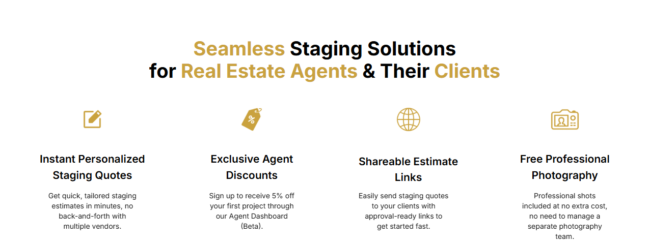 Lux Living Co. service cards displaying agent discounts and shareable estimate links with gold and white icons.