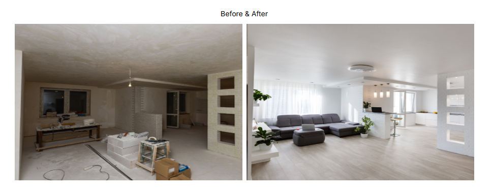 Side-by-side comparison of an empty room and a professionally staged living space, showing the impact of interior staging.