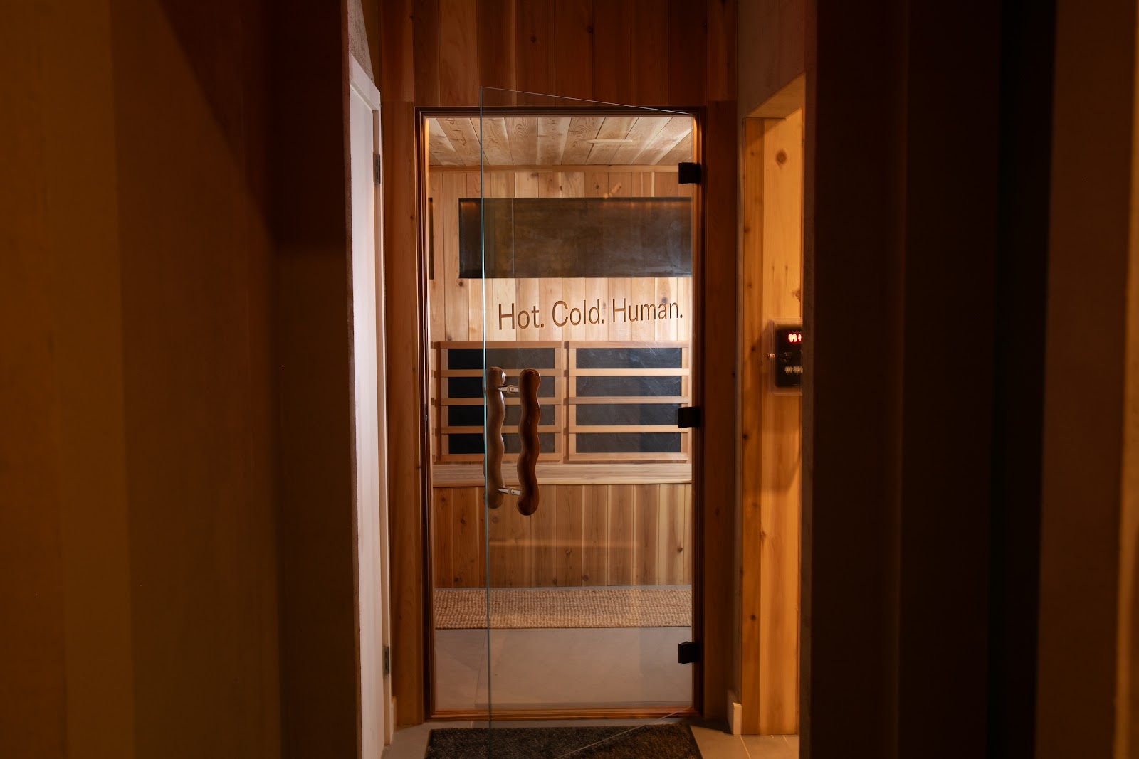 Sauna door — Hot. Cold. Human.