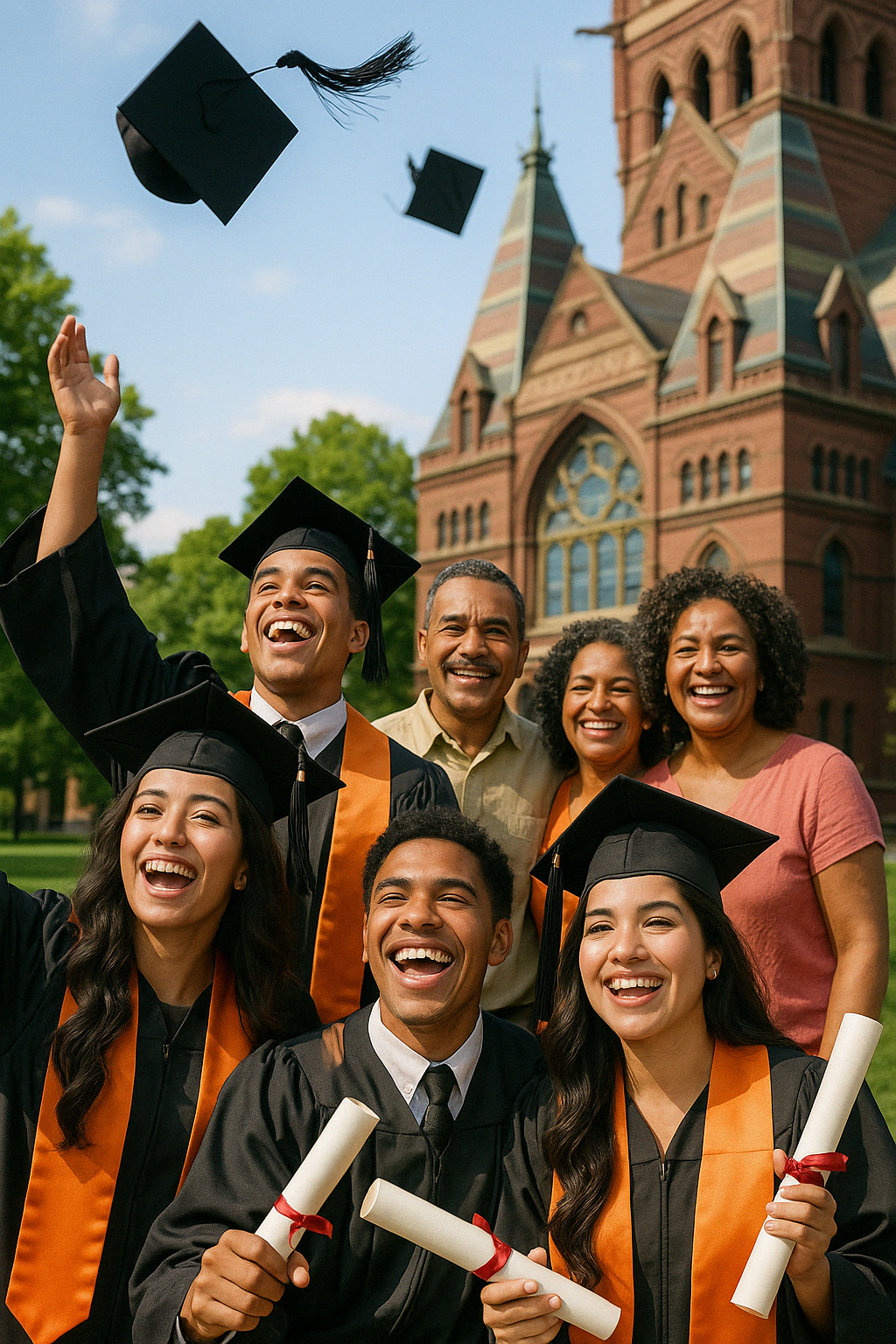 Group of Latina students celebrating outside a historic building
