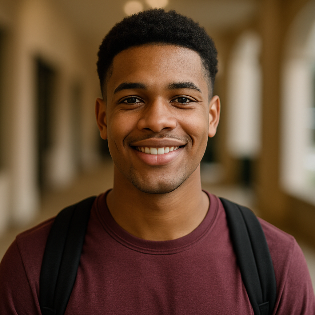 Male student in backpack smiling at university walkway