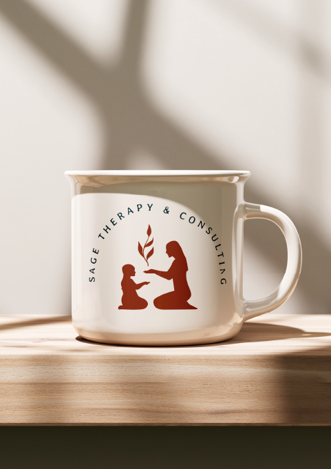 Sage Therapy Branding. Their main logo in red on a white mug. Their logo is of two people sitting across from each other with sage between them.
