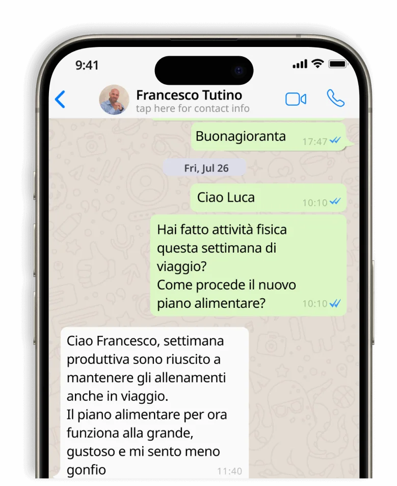 Chat di whatsapp con il personal trainer e coach nutrizionale