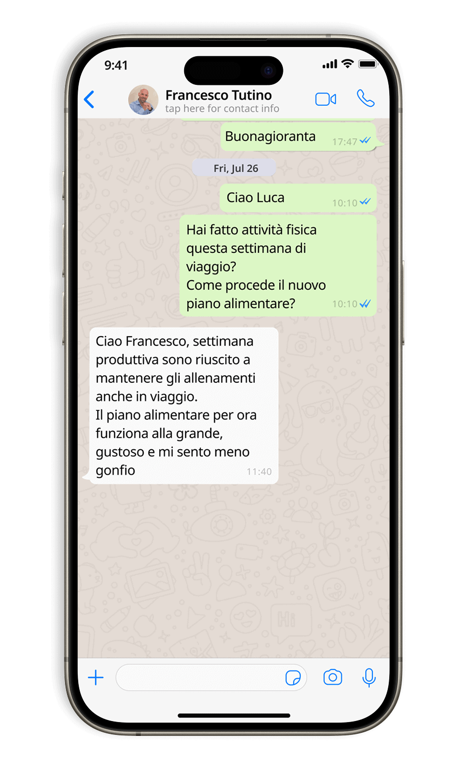 chat di whatsap con il personal trainer e coach nutrizionale