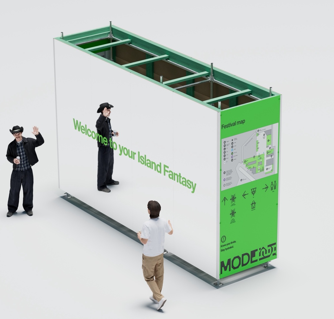 Centred 3D render of the Mode Festival mirrored welcome wall.
