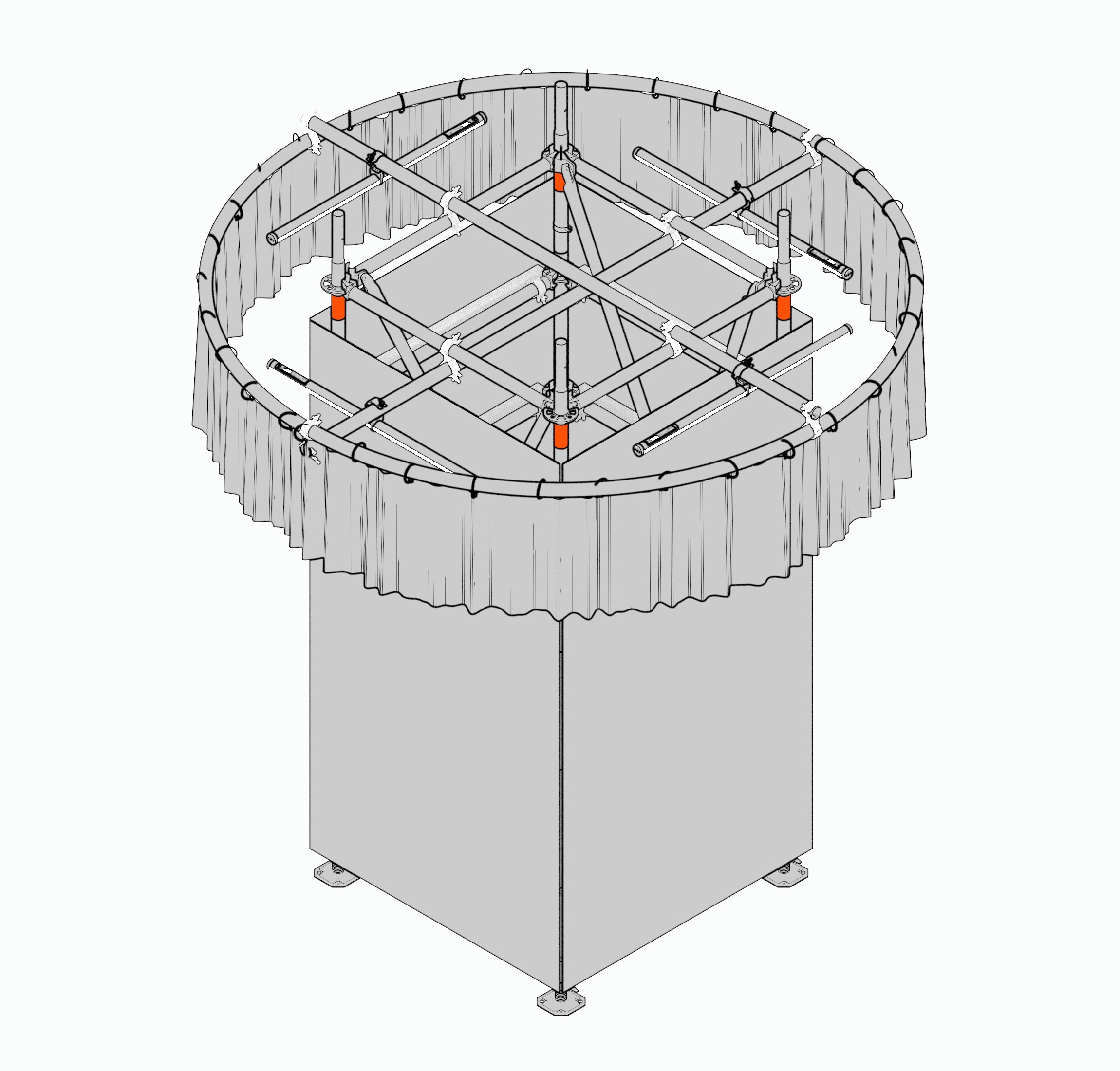 Scaffold drawing of the Mode Festival wayfinding tower with circular banner skirt.
