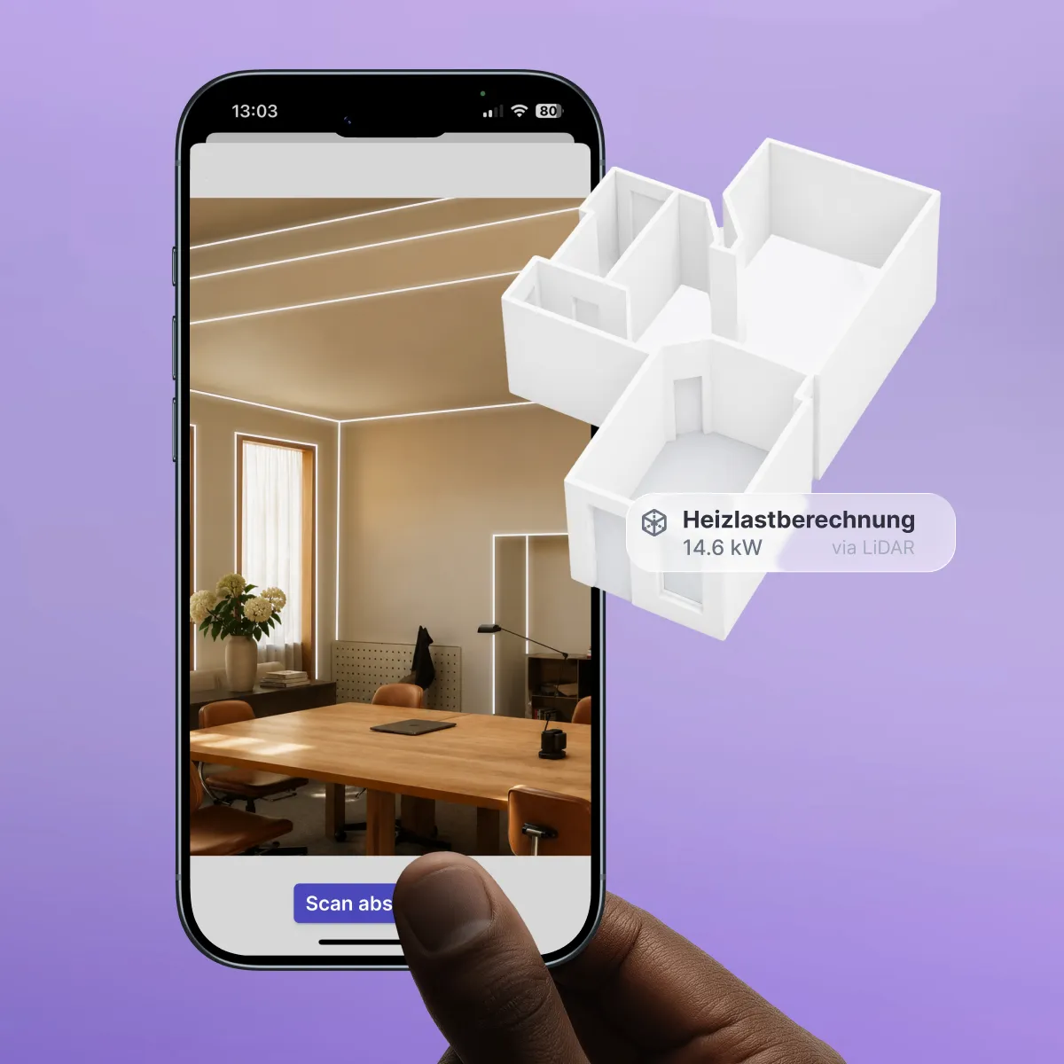 Smartphone scannt per LiDAR einen Raum, daneben das erzeugte 3D-Grundrissmodell und eine Heizlastberechnung mit 14,6 kW