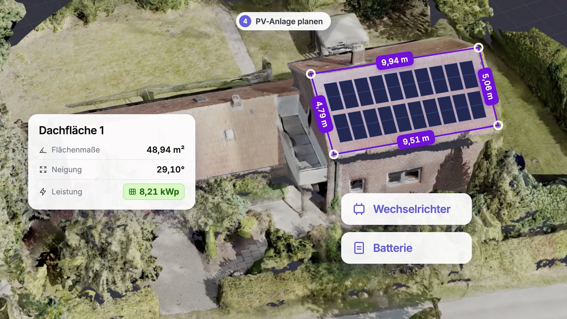 PV-Anlage im 3D-Modell eines Hauses planen: Dachfläche mit 48,94 m² und 29,10° Neigung, belegt mit Solarmodulen für 8,21 kWp, plus Wechselrichter und Batterie