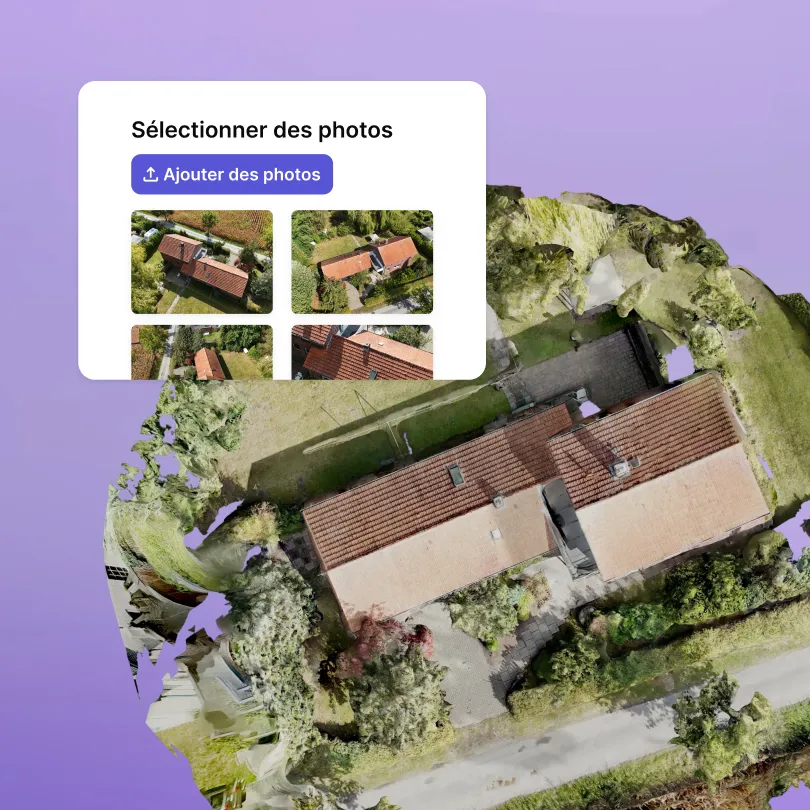 Fenêtre « Sélectionner des photos » avec des images de drone d’une maison, derrière le modèle 3D de la propriété vu du dessus