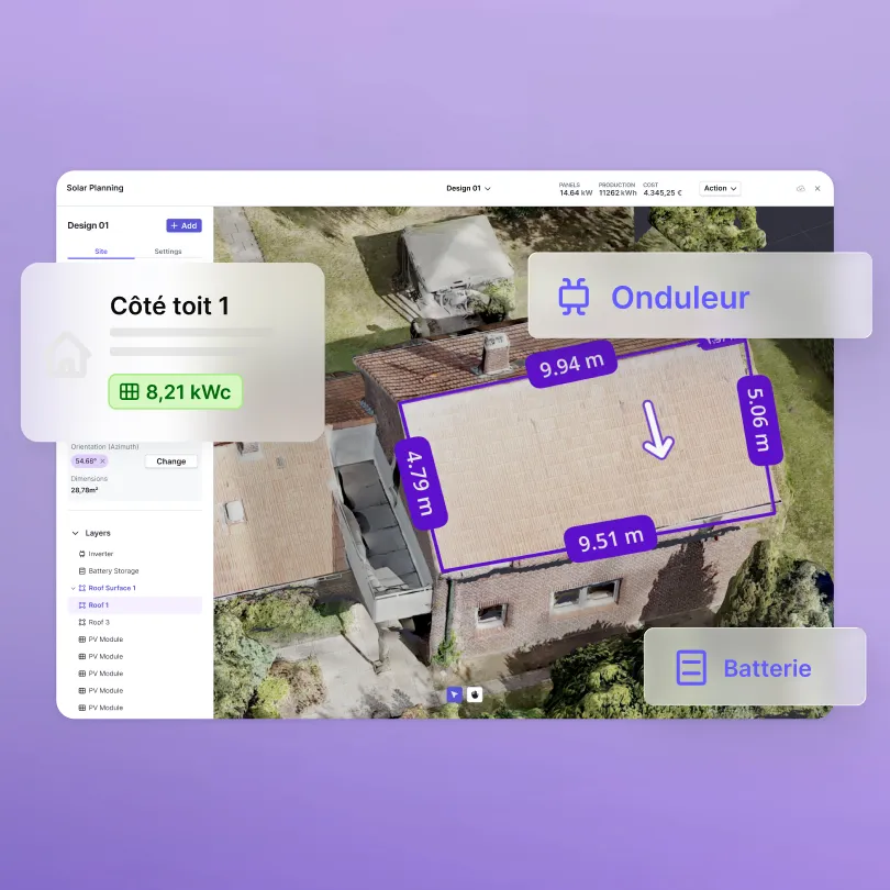 Logiciel de planification solaire avec une surface de toit mesurée dans le modèle 3D, côté toit 1 avec 8,21 kWc ainsi qu’onduleur et batterie