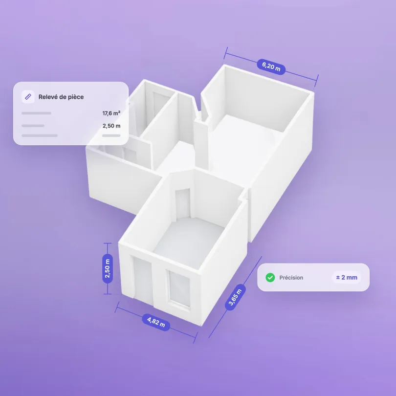 Modèle 3D d'une pièce avec des dimensions de 6,20 m, 4,82 m, 3,65 m et une hauteur sous plafond de 2,50 m, relevé de pièce de 17,6 m² et précision de ±2 mm
